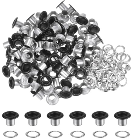 QUARKZMAN 100 Ensembles Œillets en Métal de 5mm ID avec Rondelles, 7mm de Hauteur Œillets en Fer pour Chaussures, Vêtements, Ceintures, Étiquettes, Sacs, Tissus, Cuir, Noir Mat