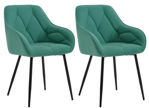 WOLTU Uppsättning av 2 matrumsstolar, köksstol, stol matsal vardagsrum, ergonomisk fåtölj, armstödsstol, stoppstol, sits av sammet, metallben, turkos, EZS02ts-2