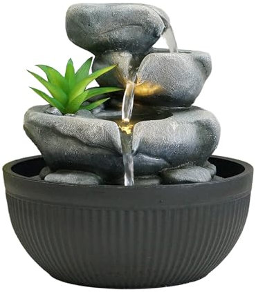 Dehner Zimmerbrunnen Lono, Brunnen mit LED Beleuchtung, ca. Ø 21 cm, Höhe 21 cm, Polyresin, grau / schwarz