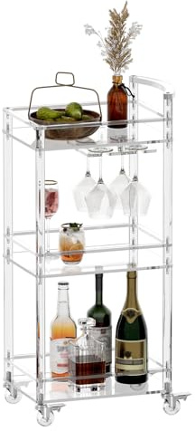 Eglaf Small Acrylic Bar cart - 3 Tier Home Bar Cart Rolling Serving Cart with 4 Lockable Wheels, Glass Holders, Handle, for Living Room, Kitchen, Bedroom, Bar, 15.6 L x 11.6 W x 35 H