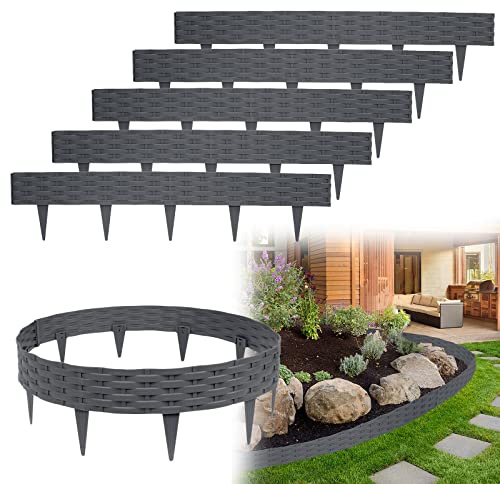 Yznahre Beetumrandungen Rasenkante Rattan-Optik, 5M Beeteinfassung Zaun Gartenpalisade Mähkante Flexible Garten Rasenkanten aus Kunststoff UV-Beständig 20 cm Hoch, Anthrazit (5 x 100cm)