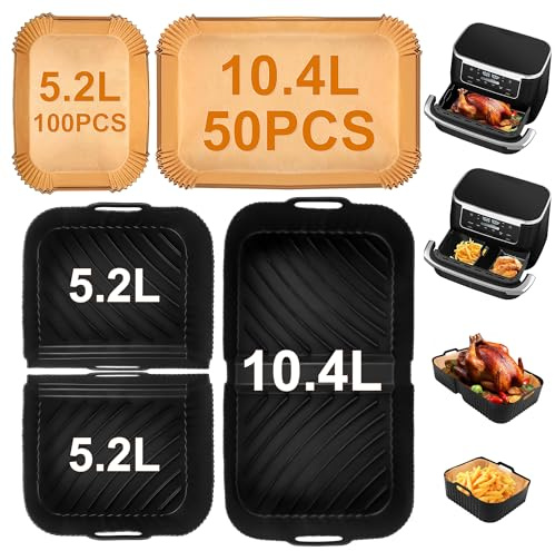 UDUK Accesorio para freidora de aire caliente para Ninja AF500EU 10,4 L y 5,2 L, 3 piezas reutilizable Airfryer molde de silicona y 150 piezas de papel de horneado Airfryer Accesorios para freidora