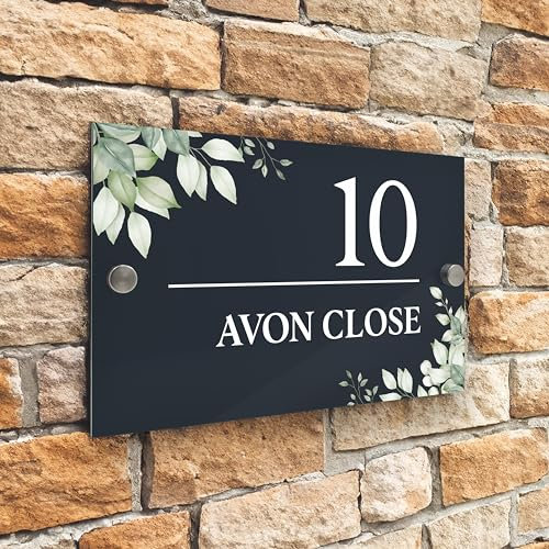 Badgemaster Floral Modern Anthracite Grey House Number Sign Plaque Stainless Steel Standoffs 20cm x 13cm Green Flowers