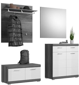 furnling Garderobenkombination Scott, Garderoben-Set 4-teilig aus Garderobenpaneel, Sitzbank, Schuhkommode, Spiegel, FSC Zertifiziert, Garderoben Komplettprogramm, Garderobenmöbel, rauchsilber/weiß