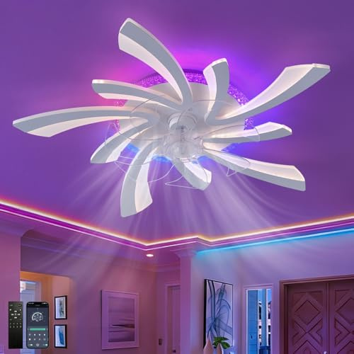 Fachae RGB Deckenventilator Mit Beleuchtung Mit Fernbedienung APP,Kind Schlafzimmer Lampe Mit Ventilator Reversibel 6-Gang Dimmbar Deckenlampe Mit Ventilator Speicherfunktion Leise Timing