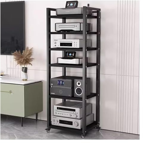 5/6/7/8-Ebenen-Medienständero-/Videokomponentenschrank Mit Rädern, Rollbares Regal Für Videospielkonsolen, Robustes Verstellbares Stereo-Av-Medienregal, Für Zuhause/Büro/Café (Schwarz, 7 Ebenen, 50 Cm