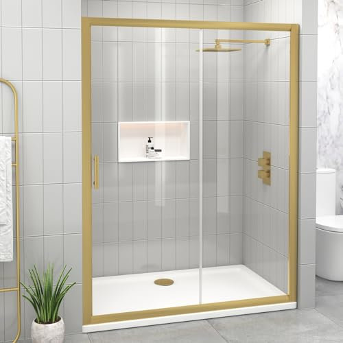 1400mm Brushed Brass Sliding Shower Door 6mm Safety Tempered Glass Reversible Shower Enclosure Cubicle Screen