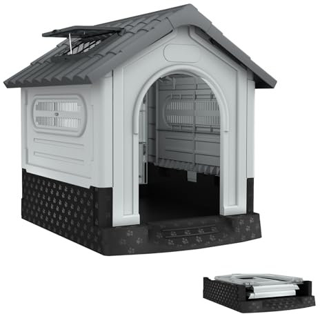 UISEBRT Hundehütte aus Kunststoff, isoliertes Hundehaus mit Schiebedach, Oberlicht und erhöhtem Boden, Hundezwinger Hundekäfig Haustierhaus für Drinnen und Draußen, 79,5 x 70,5 x 78 cm