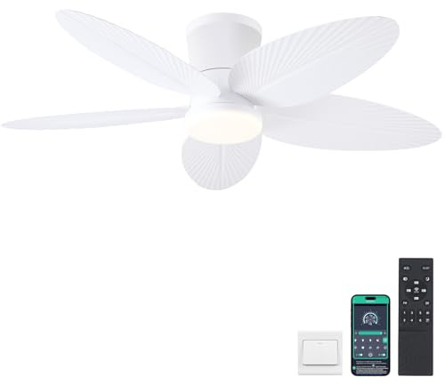 Surtime Palm Leaf Ceiling Fans with Lights-42 Tropical Ceiling Fan with Light and Remote/APP Control,Flush Mount Low Profile White Ceiling Fans for Bedroom,Indoor/Outdoor Patio Use