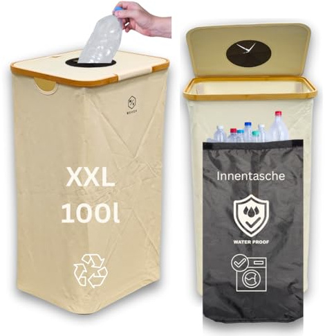 Pfandflaschen Sammelbehälter mit waschbarer Innentasche – Recycling-Behälter für PET-Flaschen und Dosen – Leicht aufzubauen, platzsparend – Perfekt für Mülltrennung in Küche oder Büro, XXL (Beige)