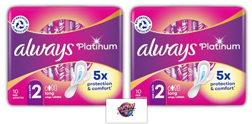 Platinum Sanitary Pads with Wings, Long Size 2 | 5X Comfort & Protection | Soft Wings, 3D LeakGuard & OdourLock | Bundle of 2 (10 Pads Each, 20 Total) - Alway