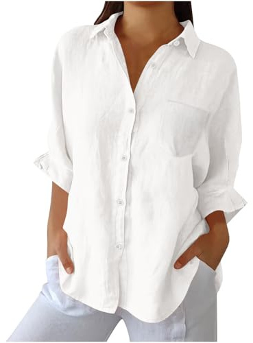 Camicia Donna Estiva Elegante Blusa Cotone Lino Manica Lunga Camicette Donna con Bottoni e Tasca Lavoro Casual Top Camicetta da Spiaggia Tinta Unita Classico