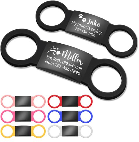 Dog Tags for Pets Engraved UK, Personalised Silent Slide-On Dog ID Tag, Custom Stainless Steel Label with 7 Coloured Elastic Silicone Bands, Pet Name Identity Tags for Collars for Dogs,Cats,Puppy