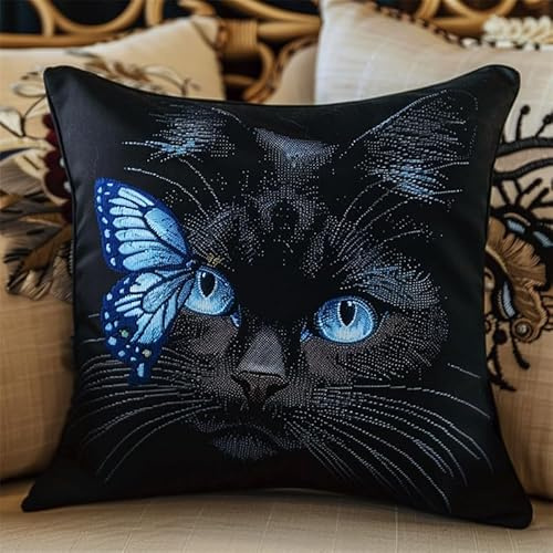 AMBATTERY Kit Point De Croix Pour Coussin, Animal chat noir et papillon Coussin Décoratif Brodé 45X45cm Coussin À Broder Fait Main Coussin Point Noué Kit Complet Housse De Coussin Canapé