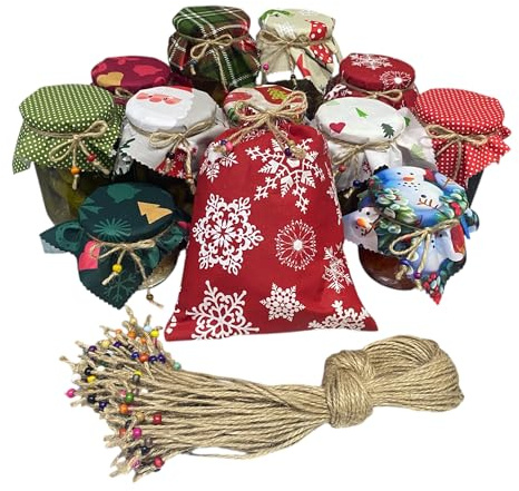 50 Pieces% 100 Cotton Christmas Mix Pattern Fabric Jar Cover Cloth- 6.7'' Jar Cover Cloth With 50 Pieces Beaded Jute Rope And 1 Piece% 100 Cotton Christmas Pattern Fabric Gift Bag