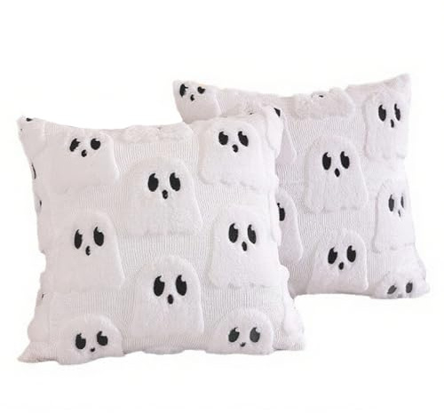 Licsaliwe Lot de 2 Housses de Coussin Halloween 45 x 45 cm taie d'oreiller Blanche en Peluche brodée Motif fantôme pour décoration d'halloween fête 'Automne