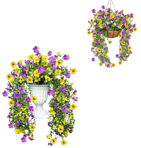 Fycooler Flores artificiales colgantes al aire libre, plantas colgantes falsas, decoración violeta, resistente a los rayos UV, ramo de flores para colgar cestas, porche, pared, pato, jardín, boda