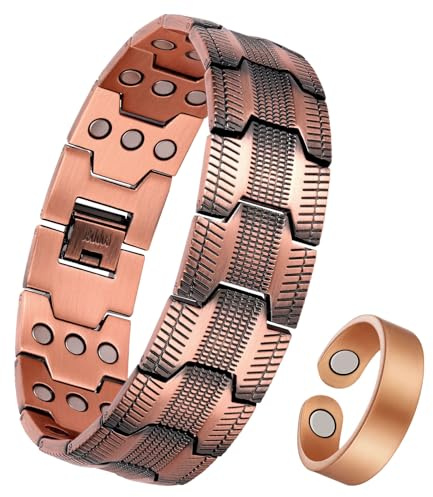 Jecanori Magnet Kupfer Armband für Herren, 3 Reihe magnetische verstellbare Herren Kupfer Armband 3.500 Gauss Magneten, Ringe und Geschenkboxen ﻿