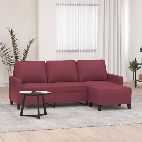 YuuSsea 3-sitsig soffa, vinröd, 180 cm, tygstoppning, robust metall- och plywoodram, bekväm soffa med fotpall för vardagsrum, slitstark och snygg