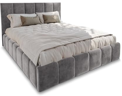 Masseno Polsterbett TARANTO 140x200 cm, Doppelbett, Bettkasten, Stauraum, Lattenrost Und Kopfteil - Hellgrau, Monolith 84