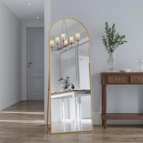 TDRTRD Miroir sur Pied Arqué avec Coins arrondis, Miroir Mural avec Support et Grand Sol, avec Cadre en Aluminium à Suspendre, à Poser, à Appuyer, pour Chambre à Coucher, Salon (Doré, 162x53cm)