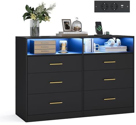 VASAGLE Custos Collection - Commode avec Éclairage LED et Multiprise Intégrée, Armoire de Rangement Moderne, pour Salon, Chambre, 6 Tiroirs, 40 x 119 x 81,2 cm, Noir d'encre LTS316BC01