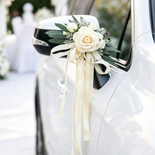 MeYuxg 2 Stück Hochzeit Autoschmuck, Hochzeit Autoschleifen, Vintage Hochzeits Künstliche Blume Schleife mit Saugnäpfen für Autospiegel Türgriffe Hochzeits Stuhl Zurück