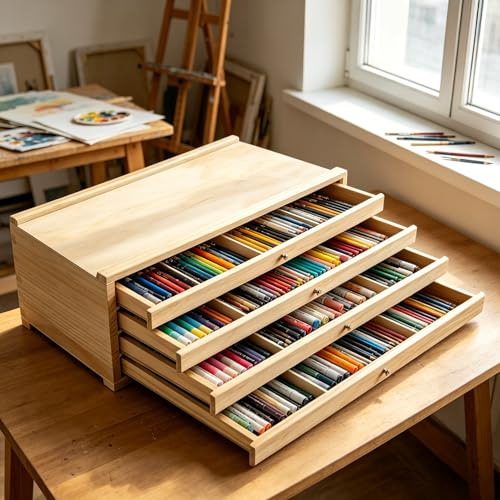 Schubladenbox Holz Aufbewahrungsbox für Künstler, Stifte-Organizer aus Buchenholz mit herausnehmbaren Fächern, tragbare Holzbox für Pinsel, Marker, Pastellkreide & Aquarellstifte (4)
