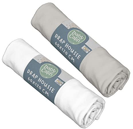 BabyCalin - Lot de 2 Draps housse Blanc/Gris Babycalin - 60 x 120 cm certifié OEKO-TEX