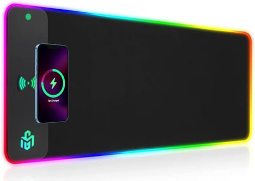 RGB Gaming Mauspad 15W Qi Mousepad LED, 10 Beleuchtungsmodi mit 15W Schnellladung Qi Kabelloses Laden für I-Phone Handy, Kopfhörer, Wasserdicht, rutschfest für Gaming, Schreibtische, PC und Büro