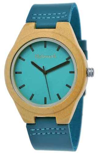 Holzwerk Germany Reloj de mujer hecho a mano para hombre y mujer, ecológico, de madera natural, de piel, analógico, clásico, de cuarzo, en azul, haya, turquesa, negro, buche, Correa