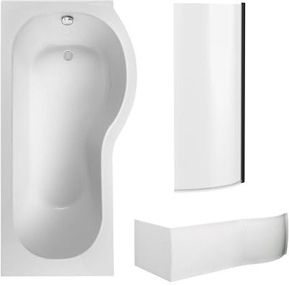 Balterley 1700 x 850mm P Shape Shower Bath with Leg Set, Black P Shape Shower Screen & P-Shaped Bath Panel, Right Hand Single Ended Gloss White Soaking Baths, Acrylic Baths (White)