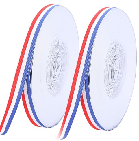 100M Ruban Satin Bleu Blanc Rouge en Polyester Bobine de Ruban Tricolore 10mm Noeud en Couleurs du Drapeau Français pour Medailles Emballage Bannière Artisanat Mariage Célébrations Nationale
