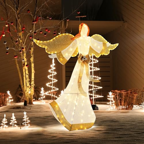 COSTWAY 180 cm upplyst julfigur, ängel med varmvit LED-ljus, julängel Juldekoration