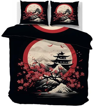 Boceoey Parure de Lit 160x200 Japonais, Housse de Couette 1 Personne Imprimée Montagne avec Fermeture Éclair, Linge de Lit Réversible, 2 Taie d'oreiller 65x65 cm