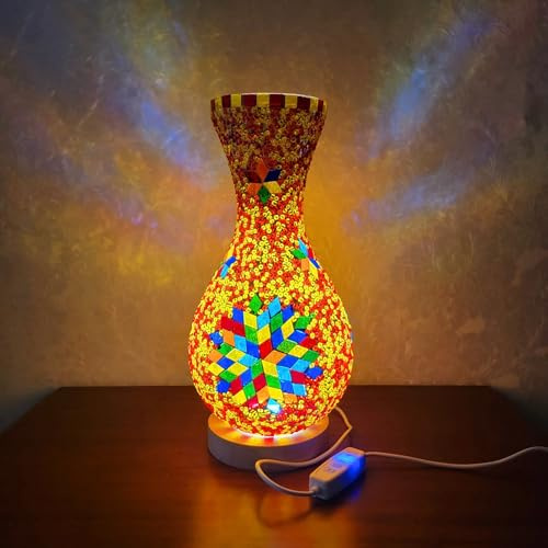 Maimeili retro turkisk mosaikvas lampa turkisk marockansk bord färgglad handgjord glasvas med träbas för blommor USB-laddning, dekorlampa för sovrum, omgivande vardagsrum bondgård