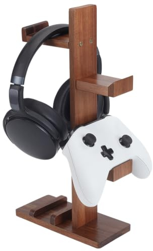 UNICRAFTALE Controller Holder with Headphone Stand Wood Gaming Controller Stand Brown Gamer Controller Holder for Switch Headset Stand with Storage Organizer for Game Lover Game Room Decor