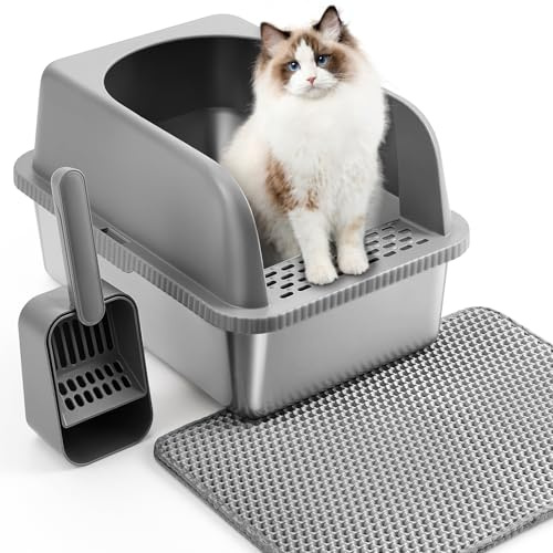 The Fellie Stainless Steel Cat Litter Box, Kitten Litter Tray with Scoop & Mat, Large Cat Litter Tray for Big Cats, Non-Sticky, Anti-Leakage, XL Metal Litter Pan Tray, Easy Clean & Odor Control, Grey
