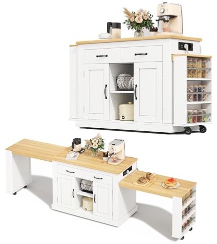 Merax Kücheninsel mit Zwei Ausziehbarer Bartisch, Küchenwagen, Kücheninsel mit Rollen, Steckdose, Stauraum, Schubladen, Mobile Insel Einziehbarem Bartisch für Esszimmer, Offene Küche, Hausbar (Weiß)