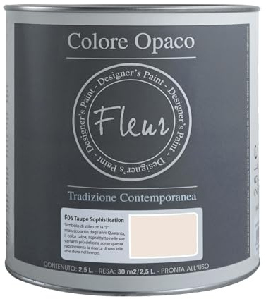 FLEUR DESIGNER'S PAINT | Pittura Chalk Paint Opaca, 2,5 L, Senza Carteggiare, Multisuperficie, Colore F06 Taupe Sophistication, Effetto Gesso, Per Pareti e Mobili, Extra Opaco, Ad Acqua, Made in Italy