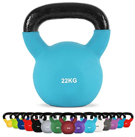 MSPORTS Kettlebell Neopren 2 – 30 kg inkl. Übungsposter Kugelhantel (22 kg - Türkis)
