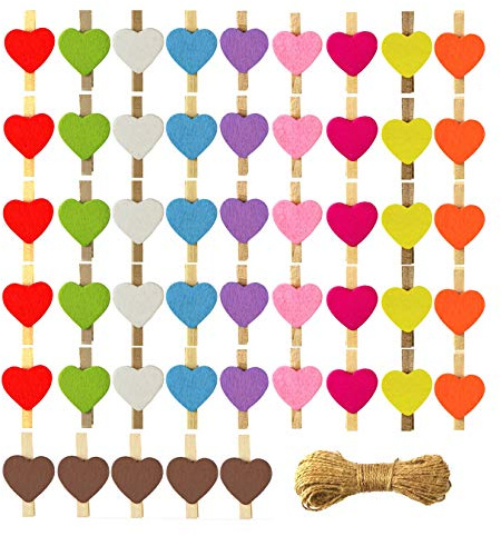 aufodara Lot de 50 petites pinces à linge en bois multicolores en forme de cœur 10 m Cordon en Jute pour papier photos cartes mur mariage fête couture artisanat