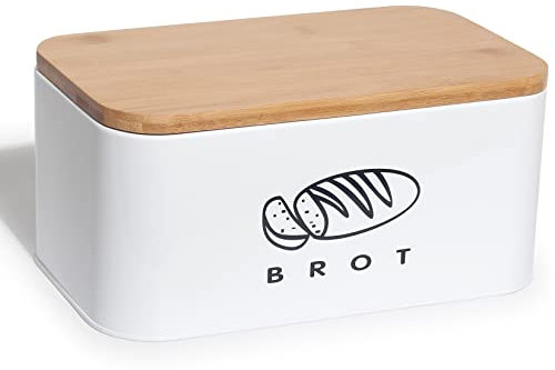 Theo&Cleo, contenitore per il pane con coperchio, in bambù ecologico, può essere utilizzato come tagliere, spazioso contenitore per pane in metallo, 30 cm x 18 cm x 14 cm, bianco