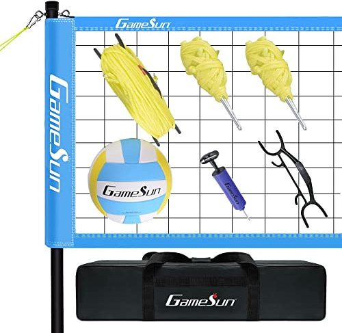 Gamesun Tragbares Volleyballnetz Set System Tragbares Volleyballset für Hinterhof mit Profi Volleyballnetz, Wickelgarn Volleyball und Pumpe, Grenzlinie, Tragetasche