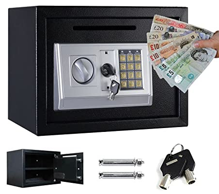Secure Box with Deposit Slot Electronic Security Safe 16L Digital Keypad Included 2 Keys Home Mini Safe Box, Wall And Floor Fixings, for Donation Box, Collection Box, Hotel Safes 14x 10x 10, Black