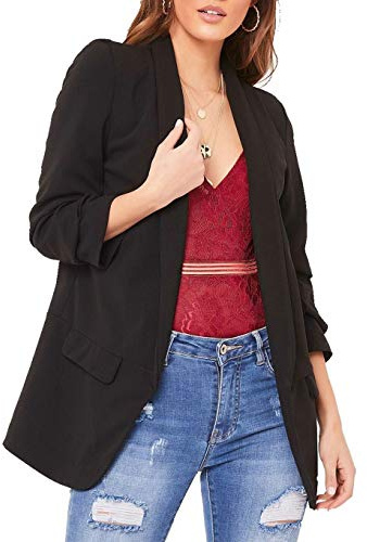 FAIRY TRENDZ Womens 3/4 Sleeve Frill Ruffle Duster Coat Ladies Plain Open Front Pockets Jacket Blazer Black