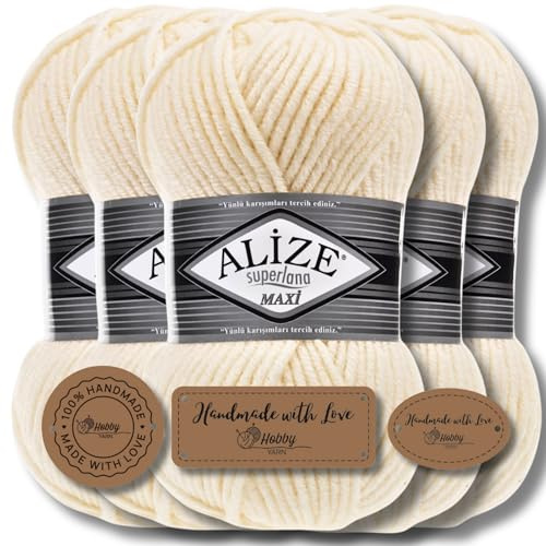 Alize 5 x 100g Superlana Maxi Türkische Premium Wolle Baumwolle und Acryl Uni Handstrickgarne, Yarn, Garn, Strickgarn, Einfarbig, Baby, zum Häkeln Stricken Kleidung Schals (Ivory - 599)