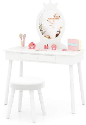 DREAMADE Schminktisch Kinder, Frisiertisch mit Spiegel & Hocker, Kosmetiktisch mit Schublade, Kinderschminktisch für Mädchen (Weiß)