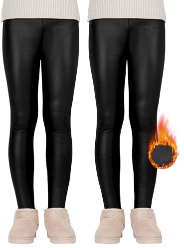 KEREDA Leggings Filles Thermo Doublé Thermoleggings Hiver Chaud Similicuir 2 Pack