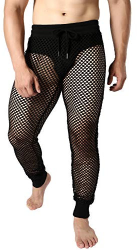JOGAL Herren Netz Fischnetzhose Muskel Transparent Hose Mesh Durchsichtige Muskelleggings mit Kordelzug Schwarz Klein